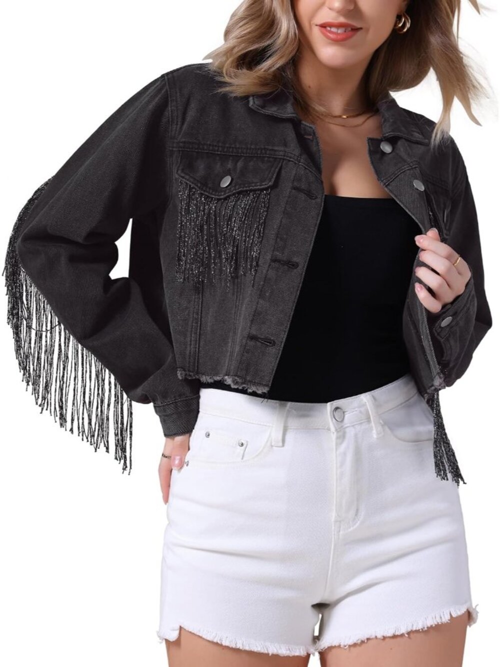 〽️Black Women's Cropped Fringe Denim Jacket Tassel Festival Jacket